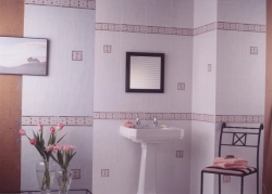 A bathroom like this, with white bodied ceramic wall tiles and sanitaryware will contain a lot of English ball clay.