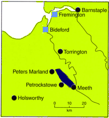 sketch map of the Petrockstowe basin and ball clay deposit