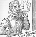 Woodcut of Elizabethan smoking a clay tobacco pipe.