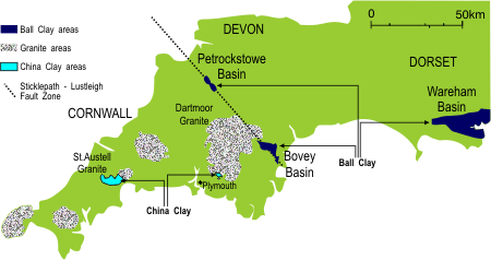 Ball clay deposits of South West England - click on the map to view a larger version.