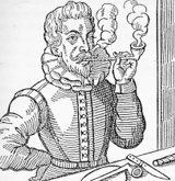 Woodcut of an Elizabethan smoking a clay tobacco pipe